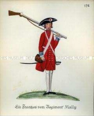 Uniformdarstellung, Infanterist eines Königlich Französischen Fremdenregiments, Königreich Frankreich, 1760/1761. Kopie der Originaltafel 172 aus Becher: Wahrhaftige Nachrichten.