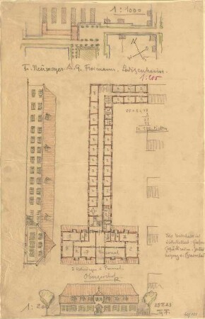 Fischer, Theodor; München - Freimann; Ledigenheim - Lageplan, Grundriss, Ansichten