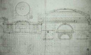 Dresden, Gemäldegalerie: Erdgeschoßhalle im Mittelrisalit (Werkplan) : Sempergalerie, Längsschnitt
