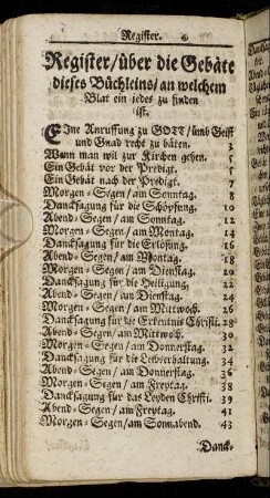 Register/ über die Gebäte dieses Büchleins/ an welchem Blat ein jedes zu finden ist.