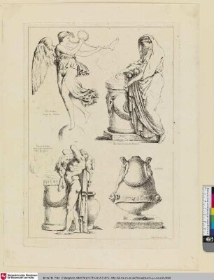 [Fama mit Posaune auf einer Kugel balancierend; Frau an einem Altar stehend; Mann mit Opfergabe an einem Altar; Vase mit zwei weiblichen Figurinen]