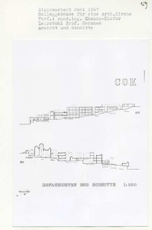 Laienforschungszentrum, Berlin-Gesundbrunnen (Diplomarbeit bei Bernhard Hermkes): Ansichten von Nordwesten, Südosten und Schnitte 1:200