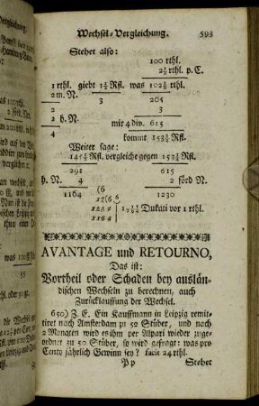 Avantage und Retourno, Das ist: Vortheil oder Schaden bey ausländischen Wechseln zu berechnen, auch Zurücklauffung der Wechsel.