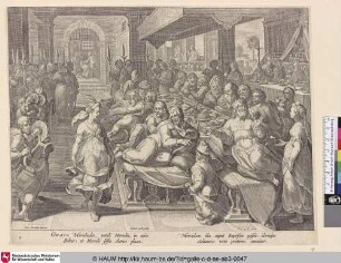 [Salome tanzt während des Banketts vobn Herodes, im Hintergrund die Enthauptung des Täufers; Salome dancing during the banquet of Herod]