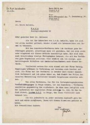 Brief von Dr. Kurt Jacobsohn an Erich Salomon