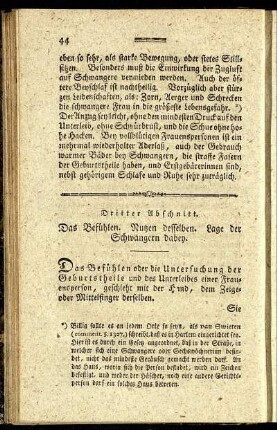 Dritter Abschnitt. Das Befühlen, Nutzen desselben. Lage der Schwangern dabey.