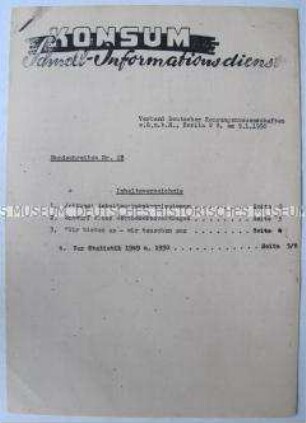 Informationsdienst des Verbandes Deutscher Konsum- Genossenschaften u.a. zum sozialistischen Wettbewerb