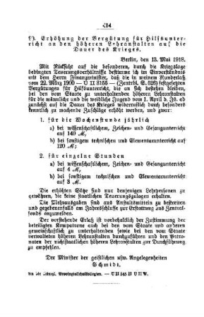 Erhöhung der Vergütung für Hilfsunterricht an den höheren Lehranstalten auf die Dauer des Krieges : [B. Allgemeine Angelegenheiten der Unterrichtsanstalten]