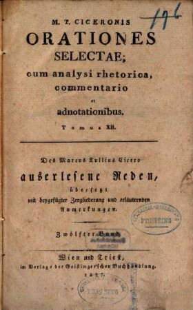 M. T. Ciceronis orationes selectae : cum analysi rhetorica, commentario et adnotationibus, 12