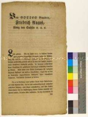 Bekanntmachung von Friedrich August I. König von Sachsen über die Einziehung der Zentralsteuer-Obligationen