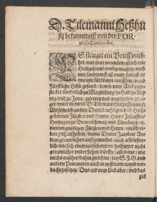 D. Tilemanni Heßhusii bekanntnuß von der Formula Concordiae.
