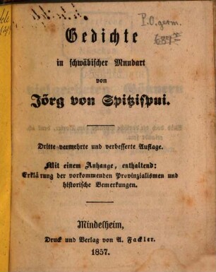 Gedichte in schwäbischer Mundart : mit einem Anhange, enthaltend: Erklärung der vorkommenden Provinzialismen und historische Bemerkungen