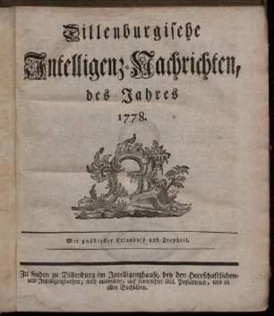 1778: Dillenburgische Intelligenz-Nachrichten, des Jahres 1778