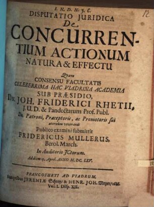 Disputatio Iuridica De Concurrentium Actionum Natura & Effectu