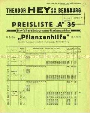 Preisliste Nr. 35 über Parallelogramm-Hackmaschinen