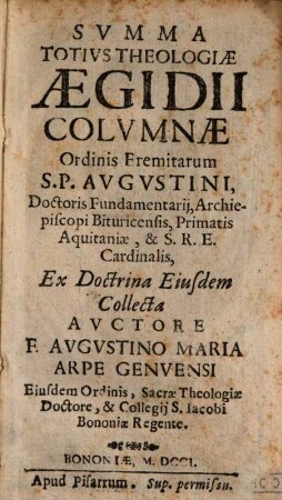 Svmma Totivs Theologiae Aegidii Colvmnae Ordinis Eremitarum S. P. Avgvstini ..., 1