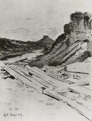 Blick auf den Lilienstein : Blick auf den Lilienstein. Pinselzeichnung (vor 1932; R. Sterl). Dresden: Kupferstich-Kabinett NJC 3774