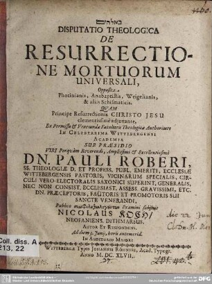 Disputatio theologica de resurrectione mortuorum universali