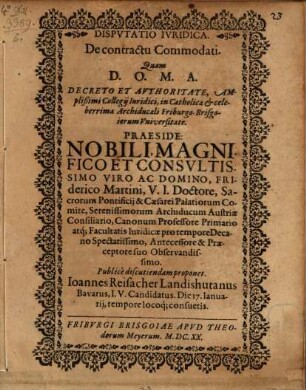 Dispvtatio Ivridica. De contractu Commodati