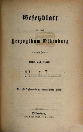 Gesetzblatt für das Herzogtum Oldenburg : von den Jahren .... 19. 1865/66