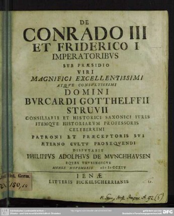 De Conrado III Et Friderico I Imperatoribus : Mense Novembris MDCCXIV