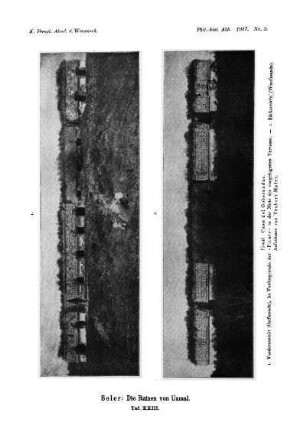 Taf. XXIII. : Uxmal. Casa del Gobernador. 1. Vorderansicht (Ostfassade), im Vordergrunde der "Picote" in der Mitte der vorgelagerten Terrasse. - 2. Rückansicht (Westfassade). Aufnahmen von Teobert Maler.