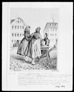 Oberhessische Bauerntrachten für den Verein für hessische Geschichte und Landeskunde — Zwei Mädchen aus Bauerbach und ein Mädchen aus Ockershausen auf dem Markt, Folio 17