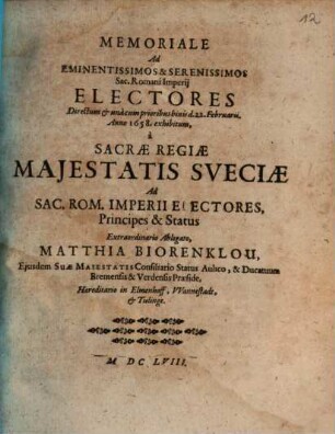 Memoriale Ad Eminentissimos & Serenissimos Sac. Romani Imperii Electores