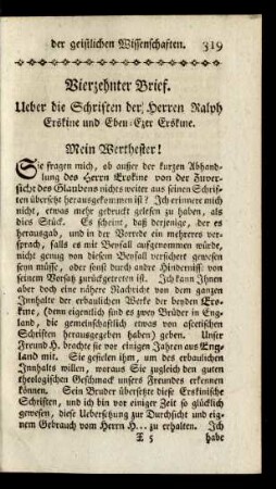 Vierzehnter Brief. Ueber die Schriften der Herren Ralph Erskine und Eben-Ezer Erskine
