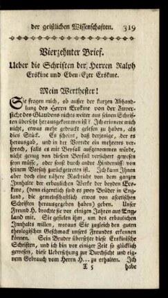 Vierzehnter Brief. Ueber die Schriften der Herren Ralph Erskine und Eben-Ezer Erskine