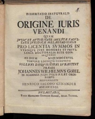 Dissertatio Inavgvralis De Origine Iuris Venandi