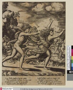 [Apollon poursuivant Daphné qui est ensuite métamorphosée en laurier; Apollo Chasing Daphne; Apoll verfolgt Daphne, die sich im rechten Hintergrund in einen Baum verwandelt]