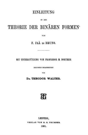 Einleitung in die Theorie der binären Formen