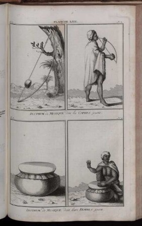 Planche LXIX. : N. 1. - N. 2. Instrum. de Musique dont les Cafres jouent ; N. 3. - N. 4. Instrum. de Musique dont leurs Femmes jouent