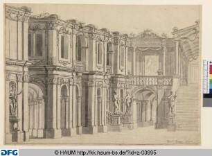 Penelope (III. Akt, Szene 9): Palastgalerie. Sieben Linkskulissen, Versatzstücke und Prospekt. Halbentwurf links