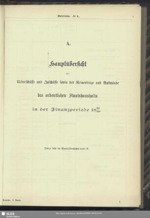 A. Hauptübersicht der Ueberschüsse und Zuschüsse sowie der Reinerträge und Aufwände des ordentlichen Staatshaushalts in der Finanzperiode 1888/89