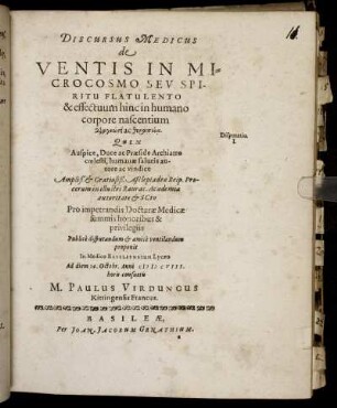 Discursus Medicus de Ventis in Microcosmo Seu Spiritu Flatulento & effectuum hinc in humano corpore nascentium [...]