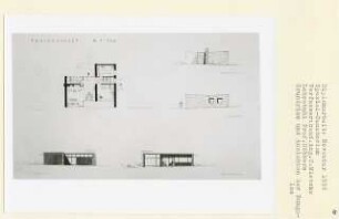 Spezial-Sanatorium (Diplomarbeit bei Kurt Dübbers): Ferienchalet, Grundriss, Ansichten von Nordwesten, Südosten, Südwesten, Nordosten 1:100