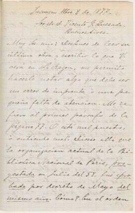 [Carta de Benjamín Posse a Vicente Quesada en español, Tucumán, 8 de noviembre de 1877]