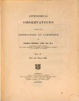 Astronomical observations made at the Observatory of Cambridge. 5, 5. 1832