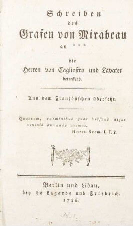 Schreiben des Grafen von Mirabeau an *** die Herren von Cagliostro und Lavater betreffend : Aus dem Französischen übersetzt