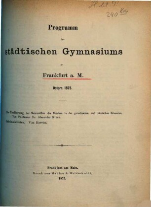 Programm des Städtischen Gymnasiums in Frankfurt a.M. : Ostern .... 1874/75