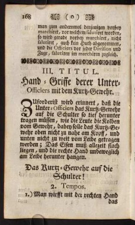 168-176, III. Titul. Hand-Griffe derer Unter-Officiers mit dem Kurz-Gewehr. - IV. Titul. Hand-Griffe mit der Fahne.