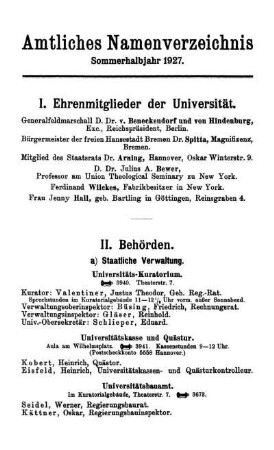 Amtliches Namenverzeichnis Sommerhalbjahr 1927.