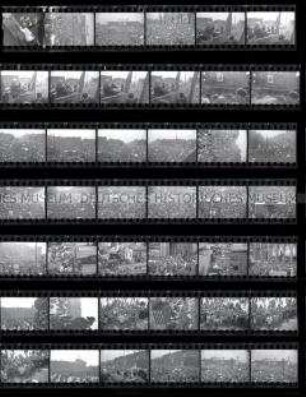 Schwarz-Weiß-Negative mit Aufnahmen von der Maifeier am Berliner Lustgarten, Unter den Linden vor Schloß und Altem Museum, und mit Wilhelm Pieck bei einer Ansprache