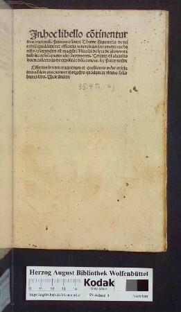 In hoc libello co[n]tinentur tres tractatuli. Primus e[st] sancti Thome Aquinatis de mirabili quidditate et efficacia venerabilis sacramenti eucharistie, Secundus est magistri Nicolai de lyra de idoneo ministra[n]te et suscipiente idem sacramentu[m], Tercius est alicuius docti collectoris de exposit[i]o[n]e d[omi]nice or[ati]o[n]is. sc[ilicet] Pater noster ...
