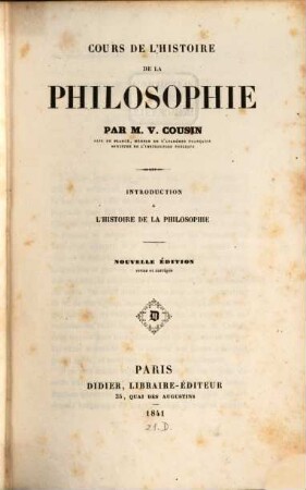 Cours de l'histoire de la philosophie : Introduction à l'histoire de la philosophie