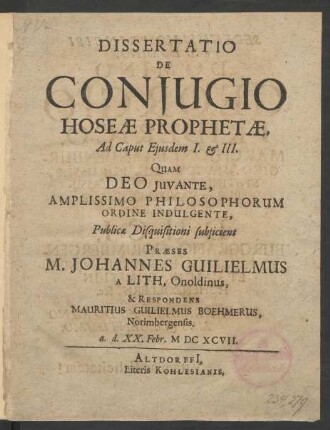 Dissertatio De Coniugio Hoseae Prophetae, Ad Caput Eiusdem I. & III.