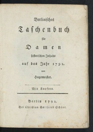 1792: Berlinisches Taschenbuch für Damen historischen Inhalts