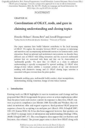 Coordination of OKAY, nods, and gaze in claiming understanding and closing topics
